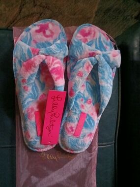 Lilly Pulitzer Pink and Light Blue Floral Plush Flip Flop Slippers